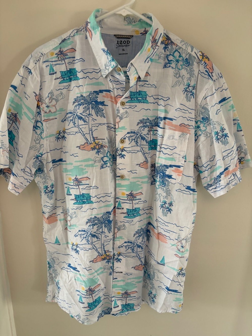 Izod White Short-Sleeve Tropical Print Button-Down Shirt